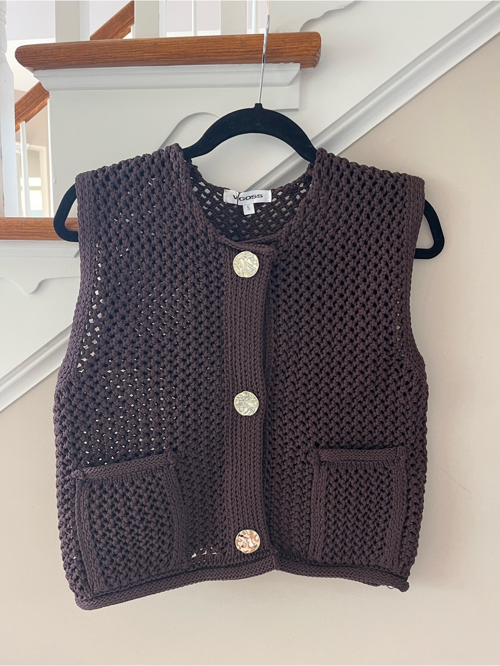 Vigoss Chunky Crochet Vest in Dark Brown with Gold Button
